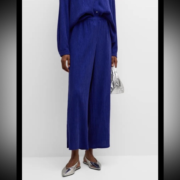 Eileen Fisher Pants - New Eileen Fisher Woven Plisse Wide Leg Ankle Pant Size L Blue $188